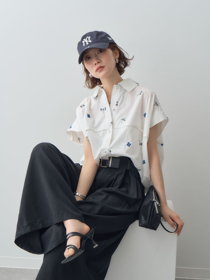 【套裝】花卉刺繡燈籠無袖襯衫+腰帶設計環扣闊腿褲（兩件套）