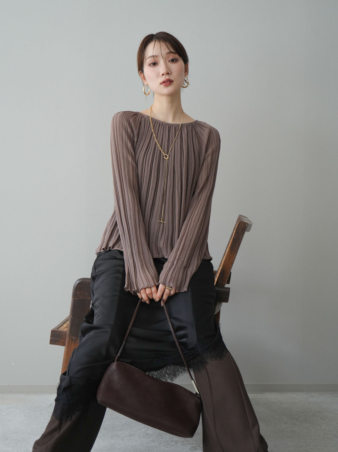 [SET]プリーツシアーフレアスリーブニットトップス+センターシームフレアパンツ(2set)