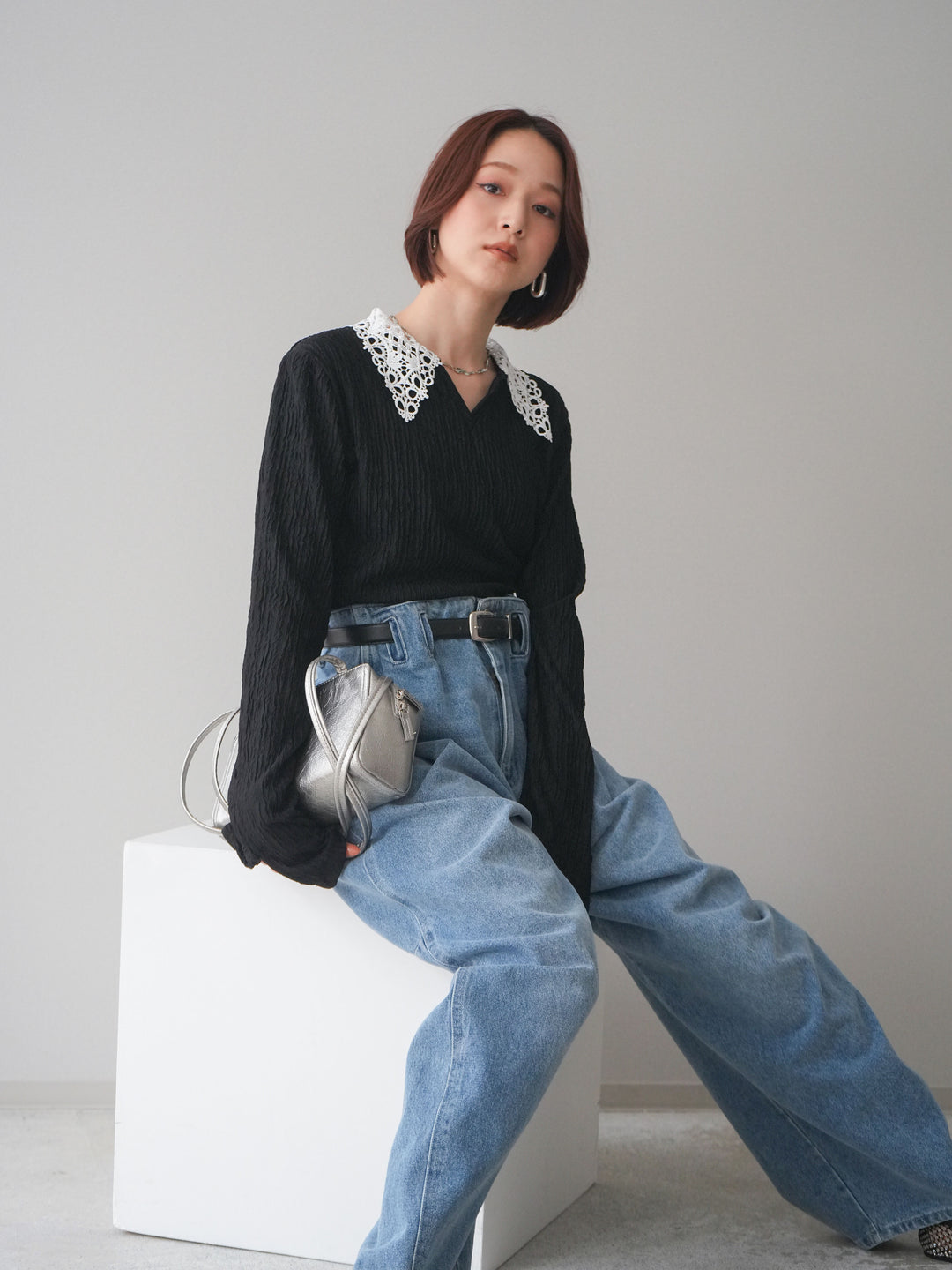 [SET]袖スリットレースカラートップス+袖スリットレースカラートップス(2set)