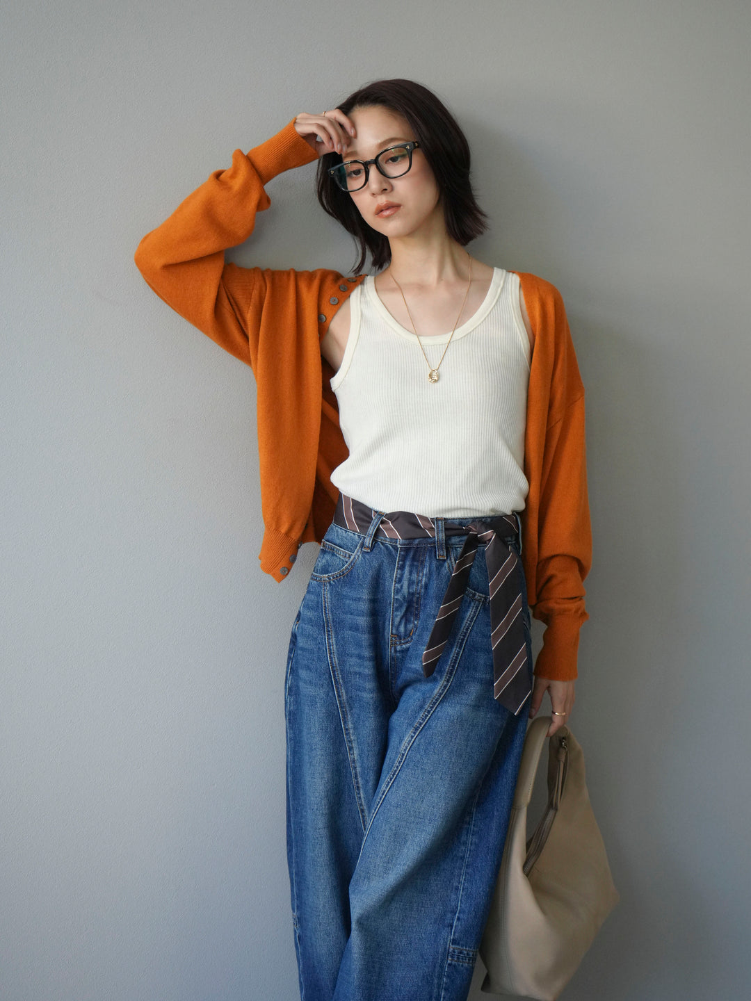 [予約]デザインボタンニットカーディガン＆タンクトップSET/オレンジ