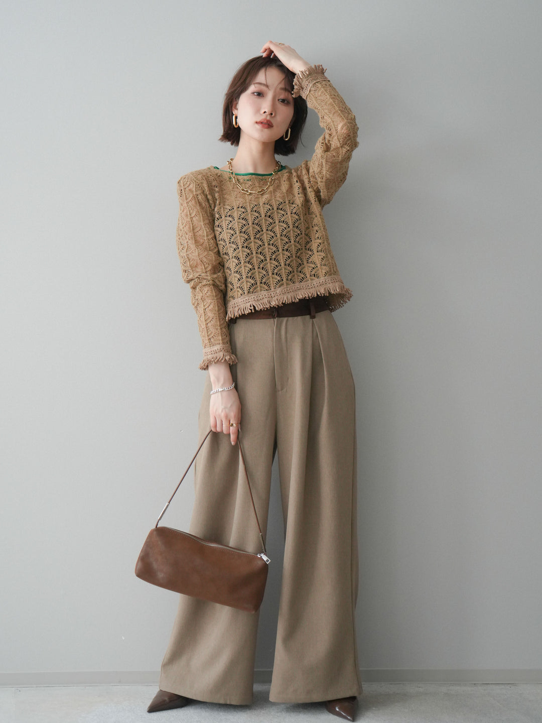 [予約]サテンベルトタックワイドパンツ/beige