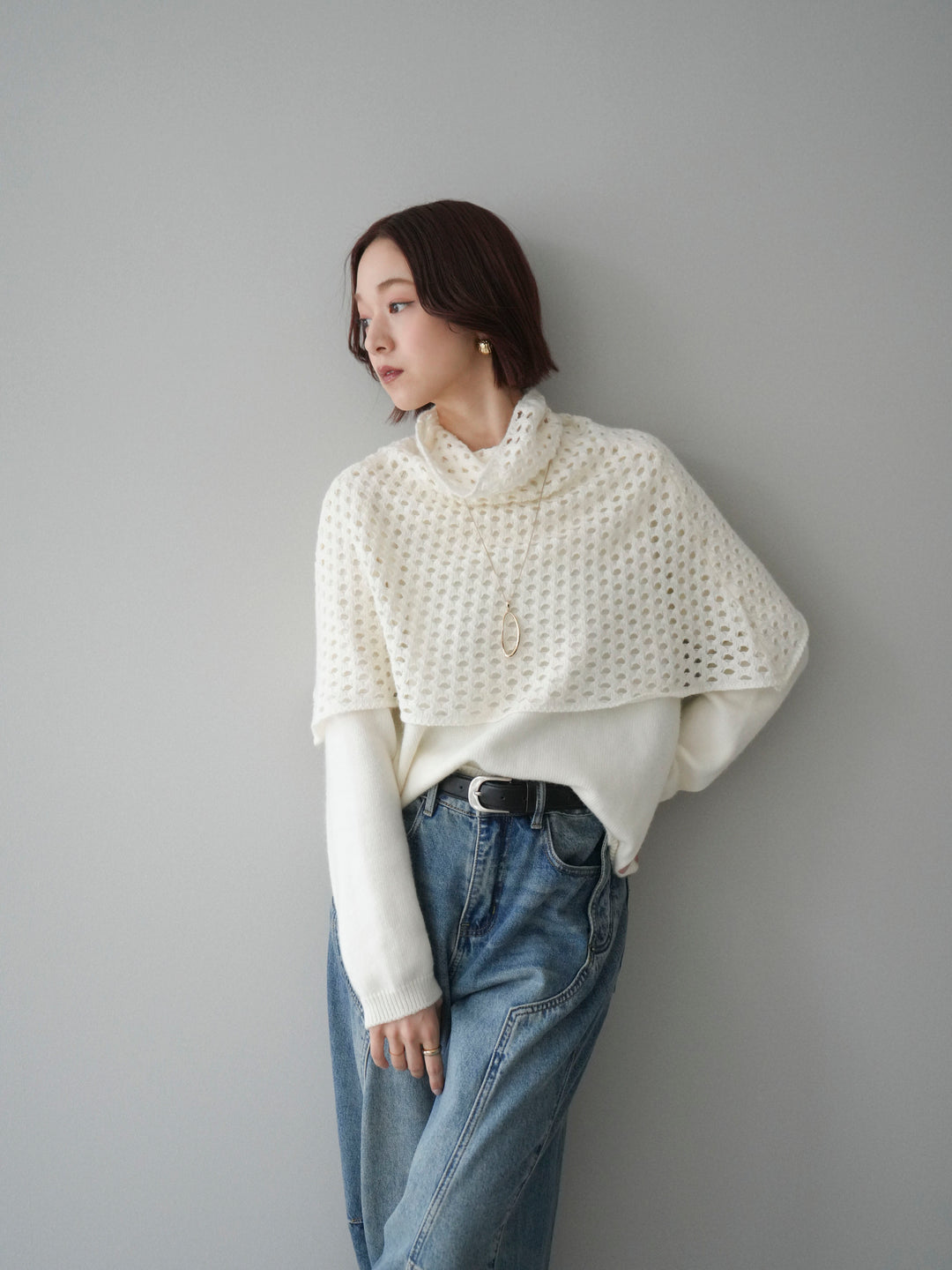 [予約]メッシュケープアンサンブルニットプルオーバー/white