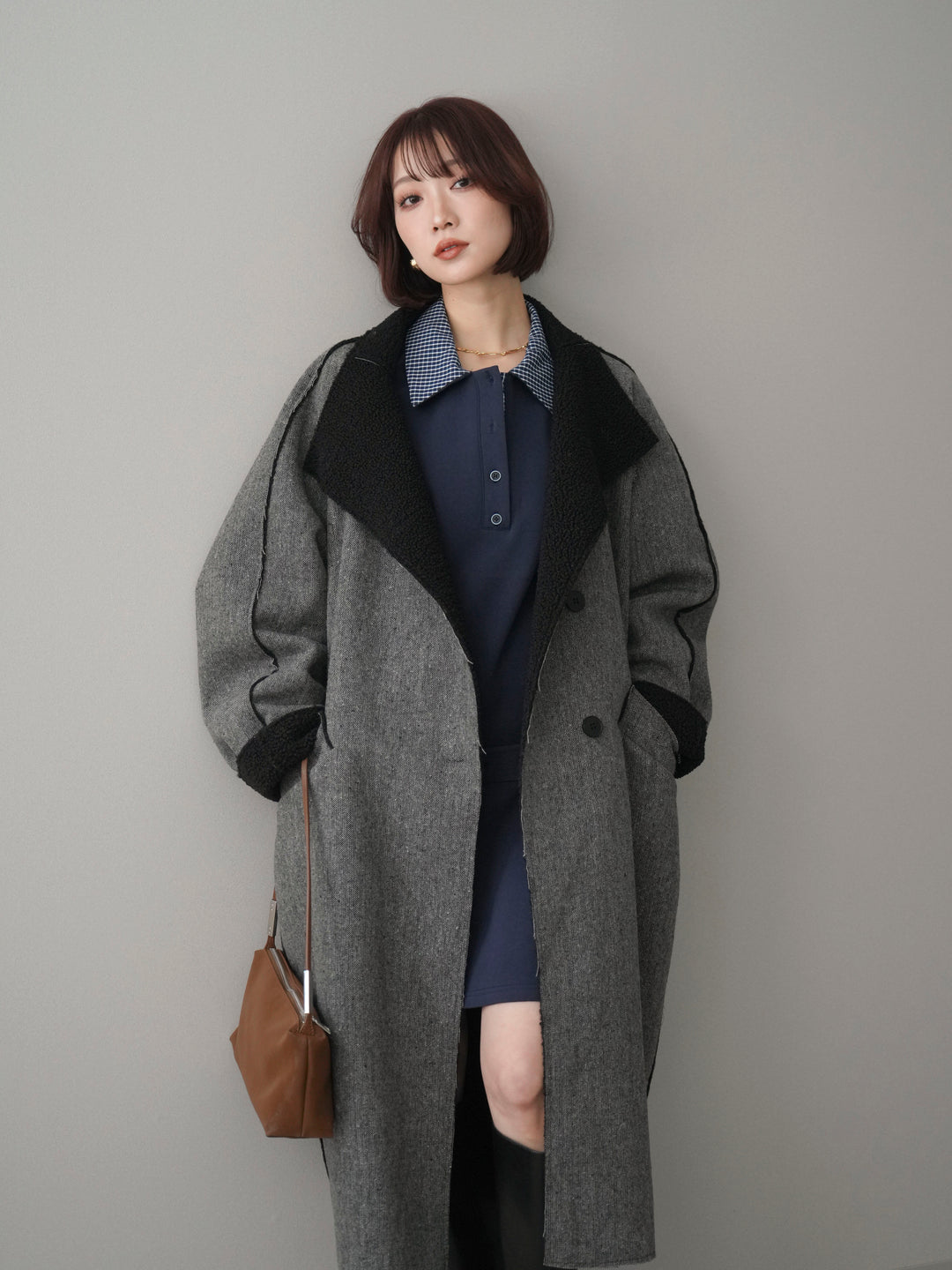 [SET]チェック襟xスエットミニワンピース+アウトシーム裏ボアコート(2set)