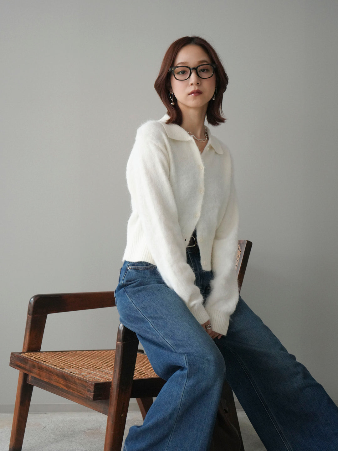 [SET]モヘア衿付きボタンプルオーバー+裏起毛裾フリンジワイドデニムパンツ(2set)