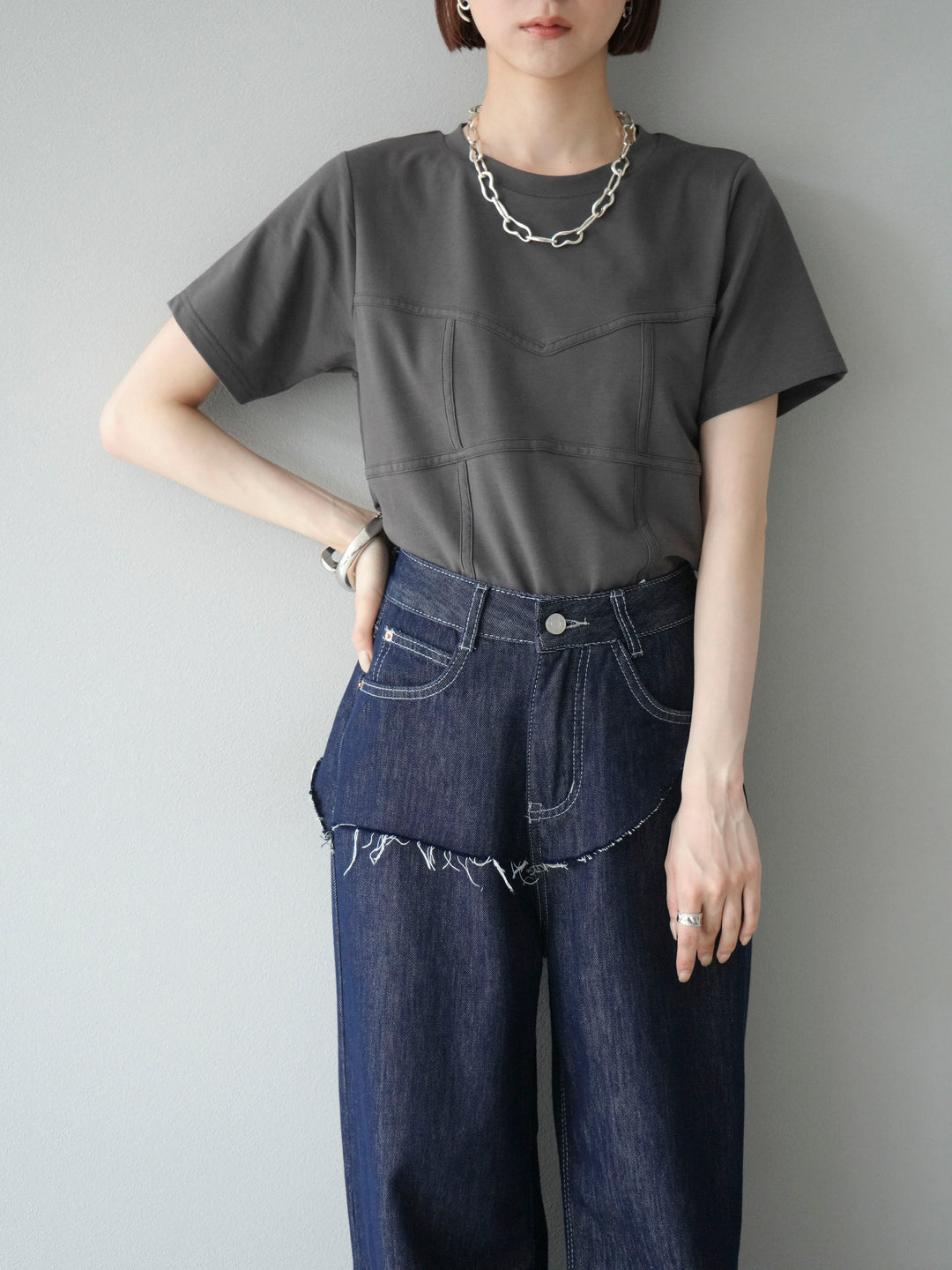 [SET]ビスチェデザインTシャツ+ヒップデザインデニムパンツ(2set)