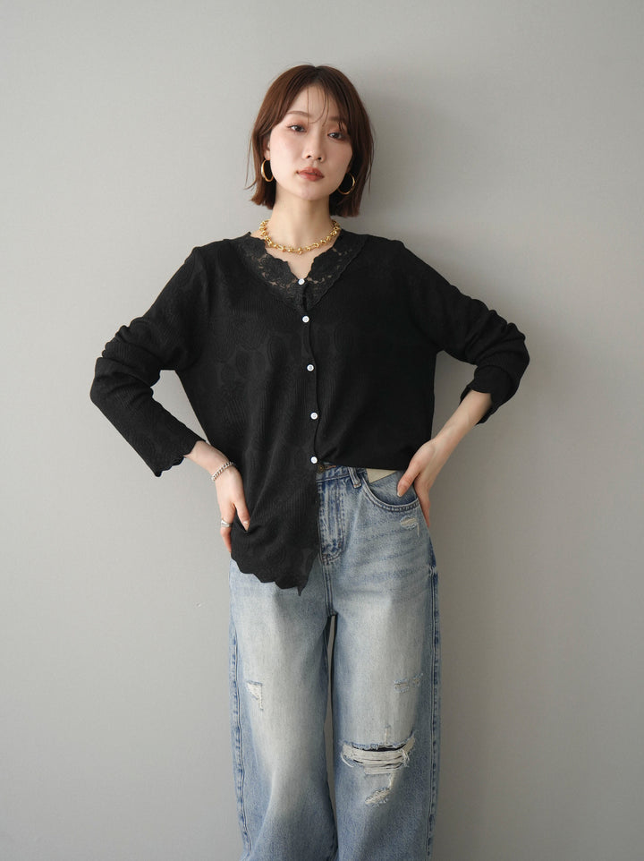 [SET]レースネックジャガードニットカーディガン+ダメージデニムセミワイドパンツ(2set)