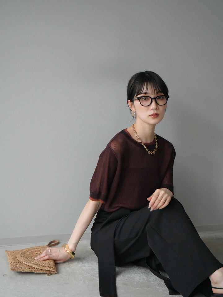 [SET]リネンタッチ配色二重臼ハーフニットトップス+ウエスト巻きデザインワイドパンツ(2set)