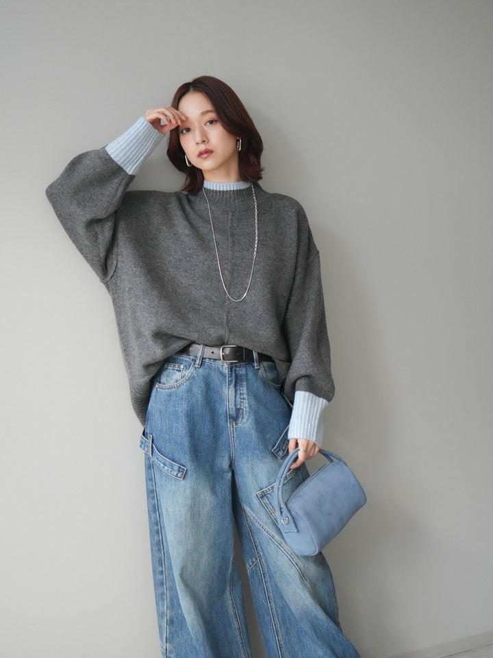 [SET]配色ハイネックニットプルオーバー+ペインターカーブデニムパンツ(2set)