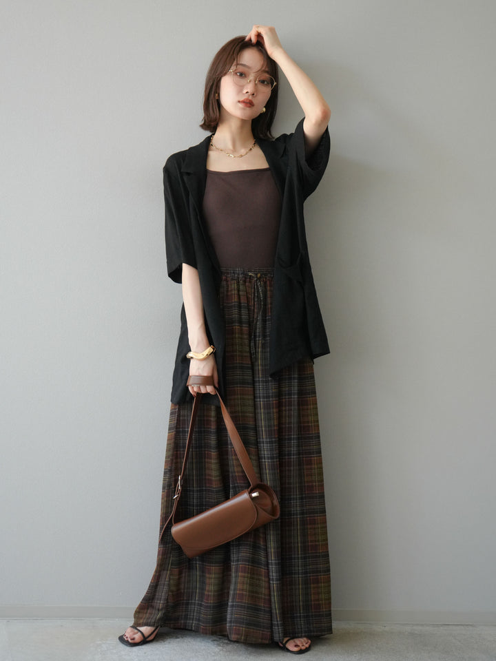 [預購] 透視格紋寬鬆褲/棕色
