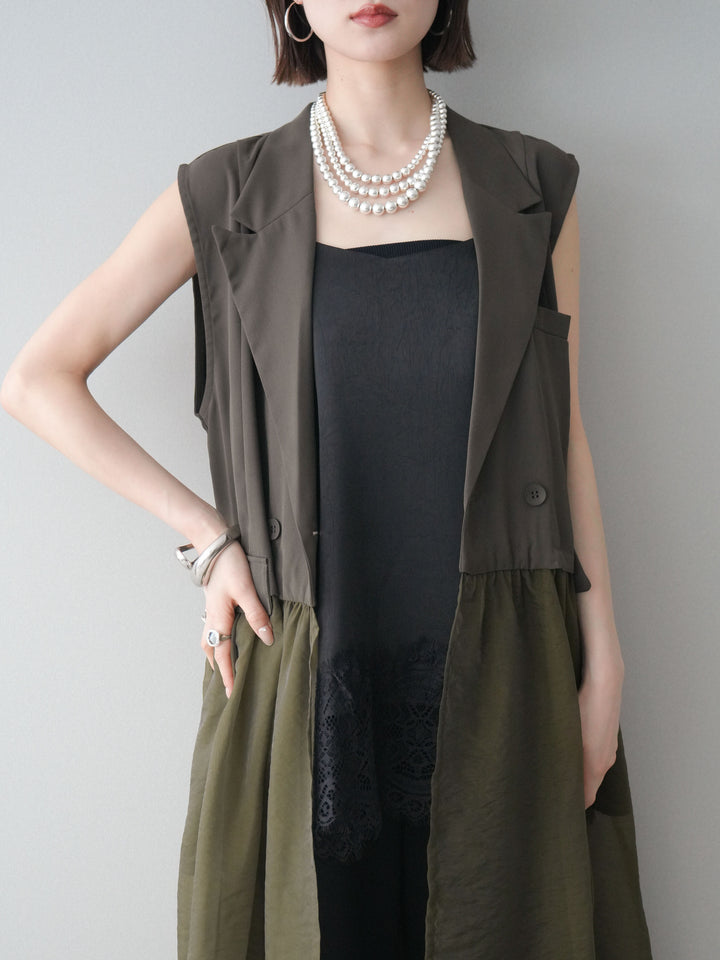 [SET]シアーレイヤードテーラードロングジレ+レーストリムキャミソール+2WAYデザインスウェットパンツ(3set)