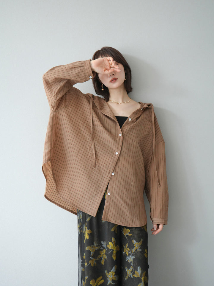 [予約]ワッシャーストライプフーディーシャツ/ブラウン