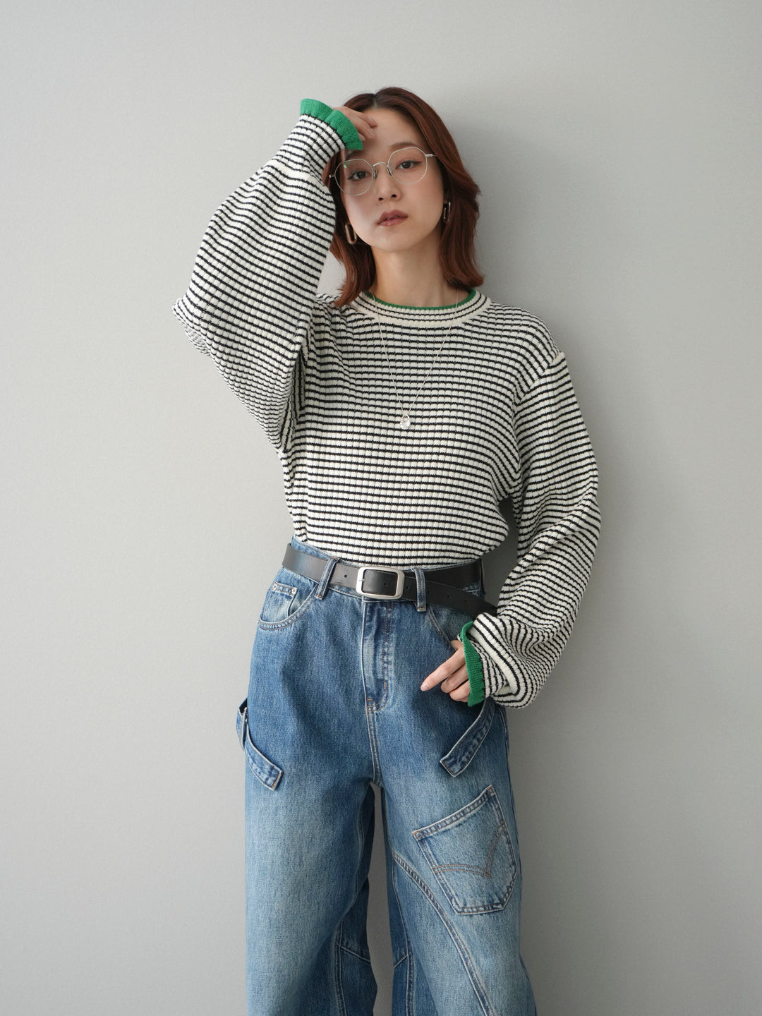 [SET]ラメ異素材ボーダーリブニットプルオーバー+ペインターカーブデニムパンツ(2set)