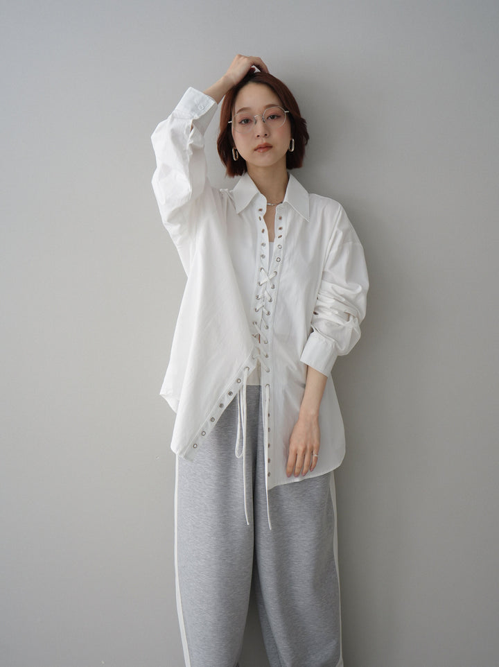 [SET]レースアップブロードシャツ+バイカラー異素材サイドラインライトポンチパンツ(2set)