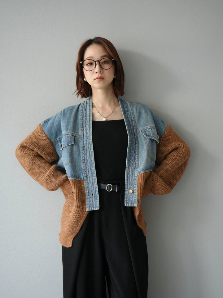 [予約]デニム切替ネップニットカーディガン/キャメル