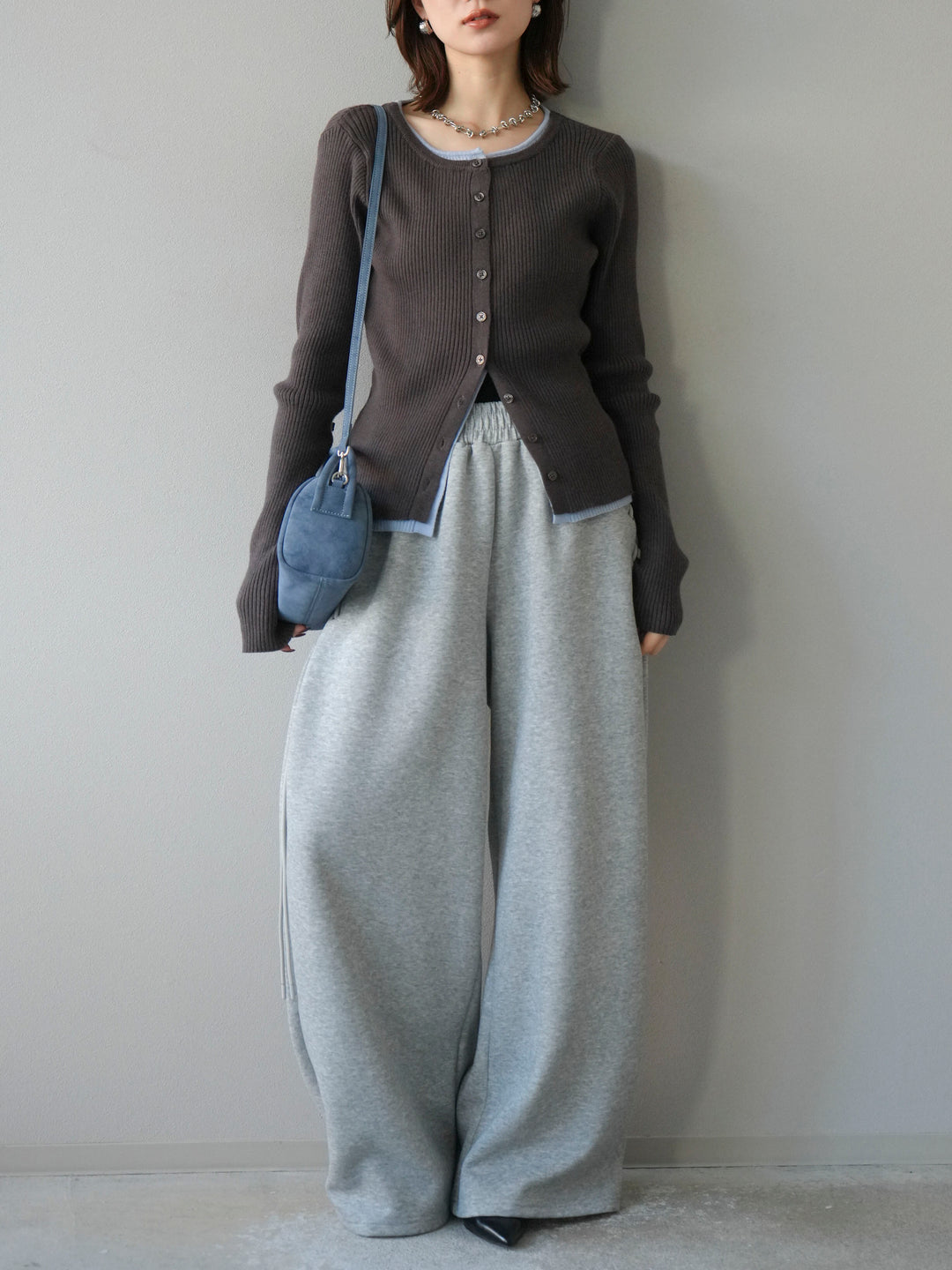 [予約]レイヤード配色ニットカーディガン/グレー