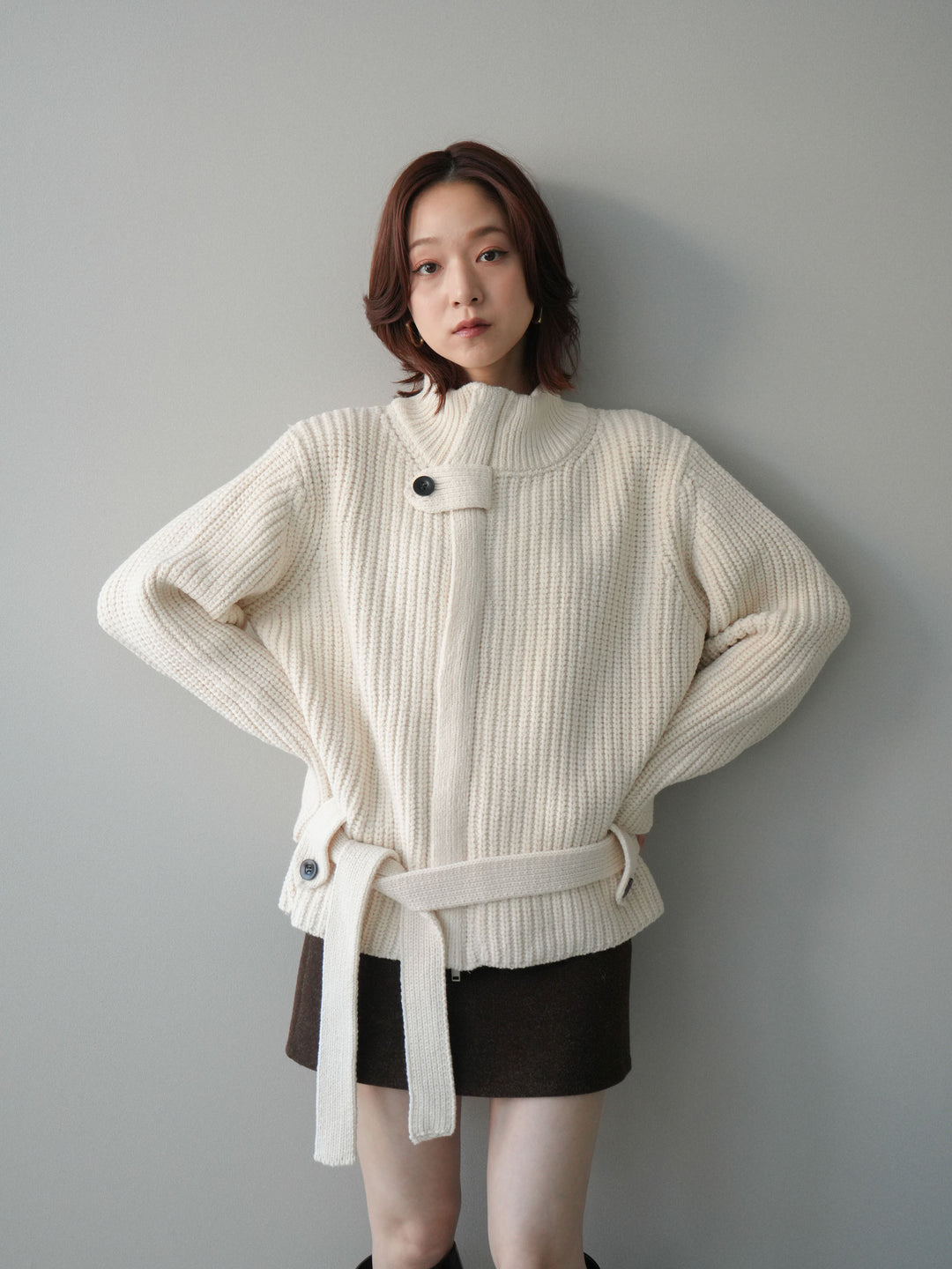 [SET]畦編みボトルネックZIPニットカーディガン+ウールタッチベルト付ミニスカート(2set)