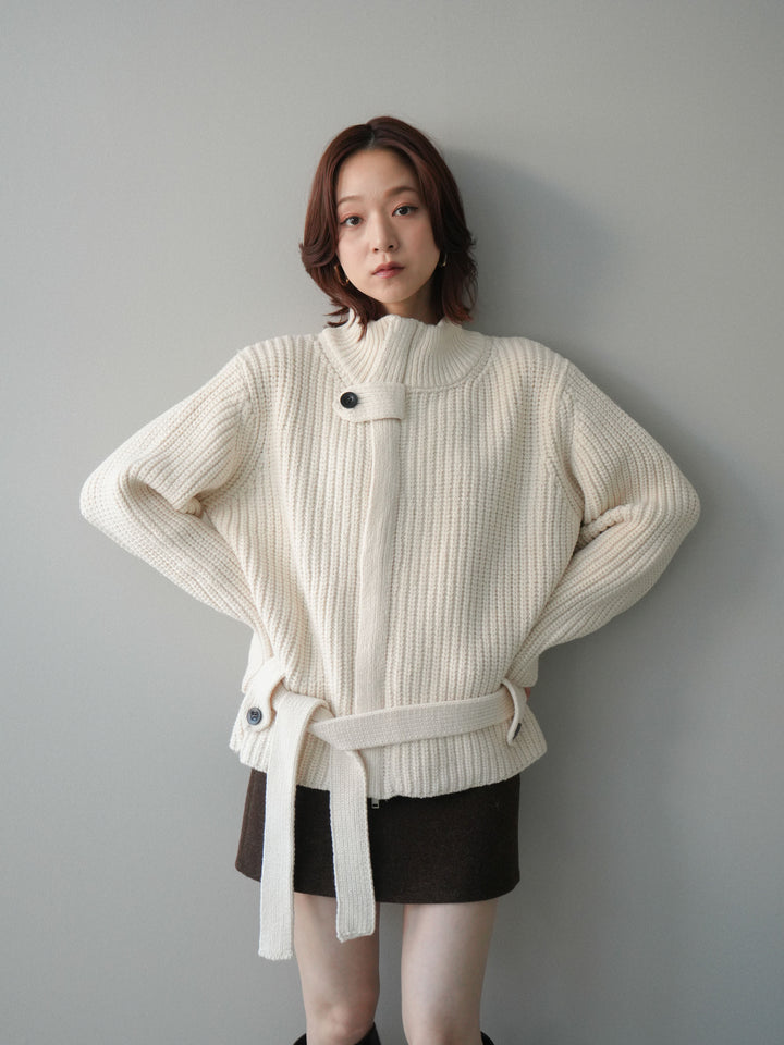 [SET]畦編みボトルネックZIPニットカーディガン+ウールタッチベルト付ミニスカート(2set)