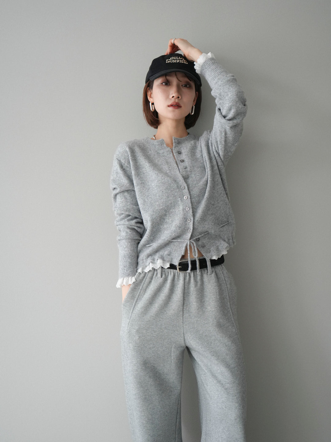 [予約]スカラップレース切り替ニットカーディガン/lightgray