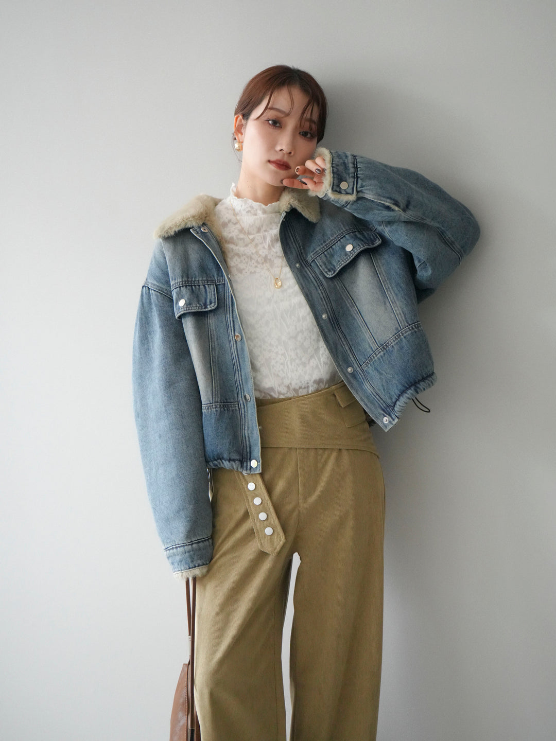 [予約]デニム×ファーステンカラーショートジャケット/lightblue