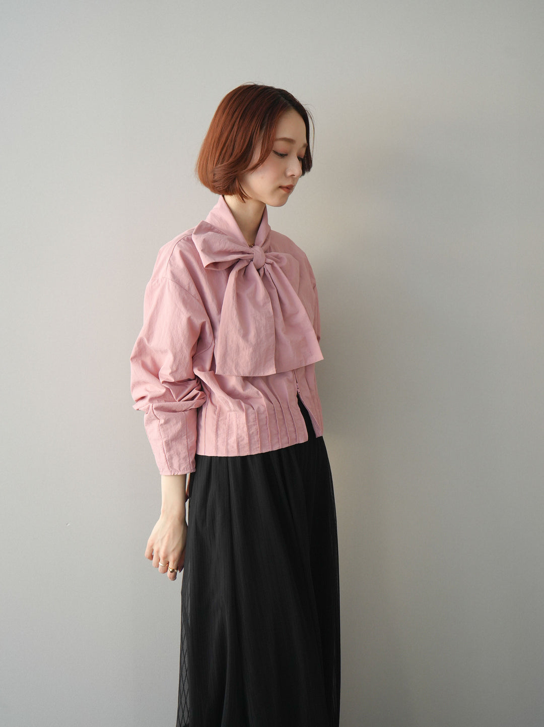 [SET]ボウタイ裾プリーツライトジャケット+ストライプチュールボリュームバギーパンツ(2set)