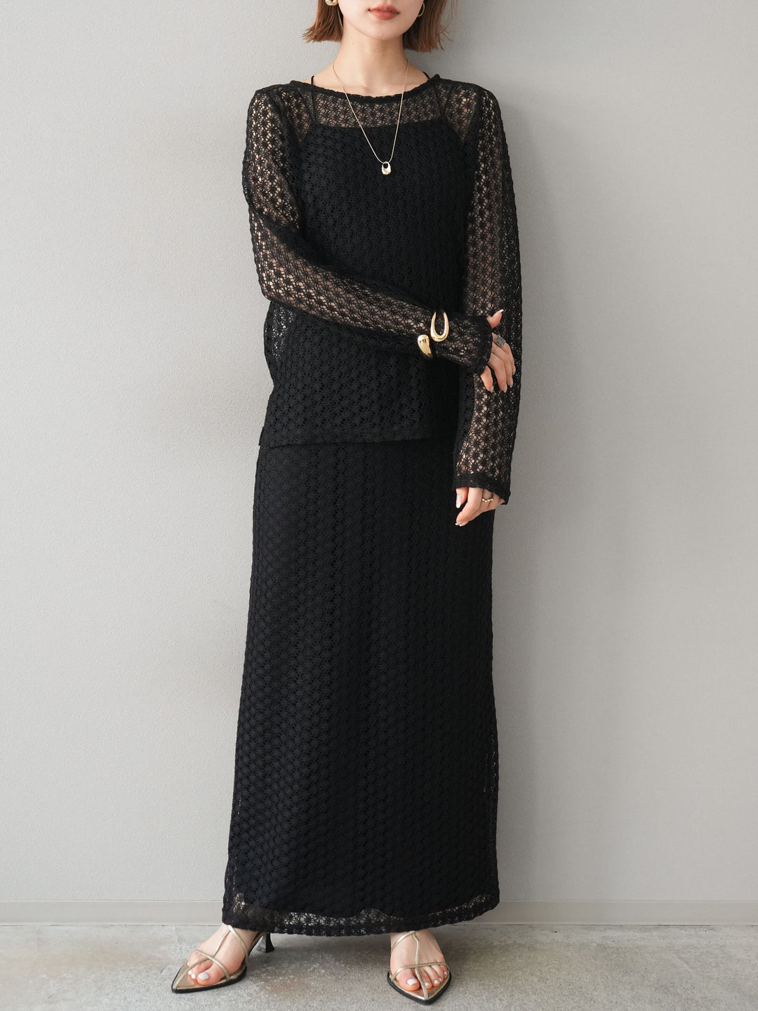 [予約]透かし編みトップス/ブラック