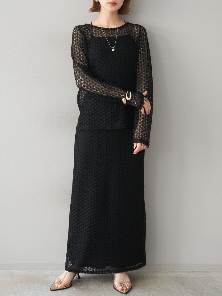 [予約]透かし編みトップス/ブラック