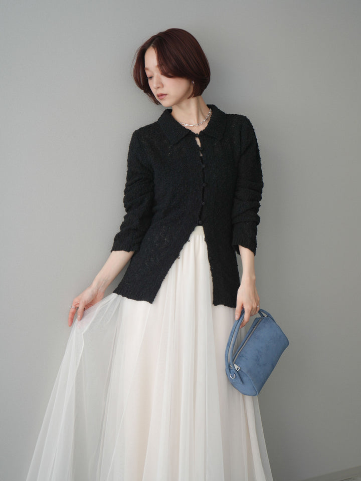 [予約]透かし編みブークレポロニットトップス/black