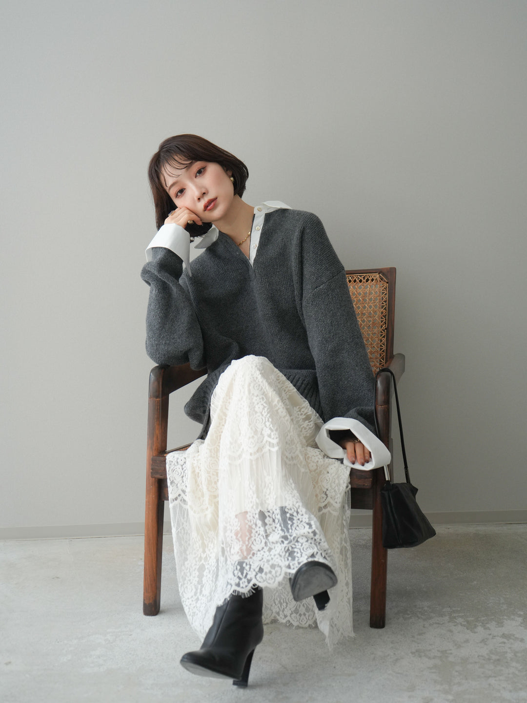 [予約]シャツドッキングオーバーニットプルオーバー/charcoaloff