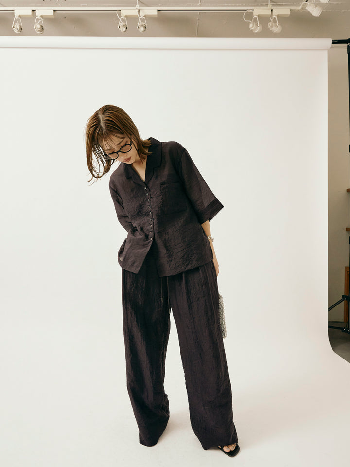 【Allure】[SET]シャイニースラブシアー開襟ハーフシャツ+シャイニースラブシアーワイドパンツ(2set)