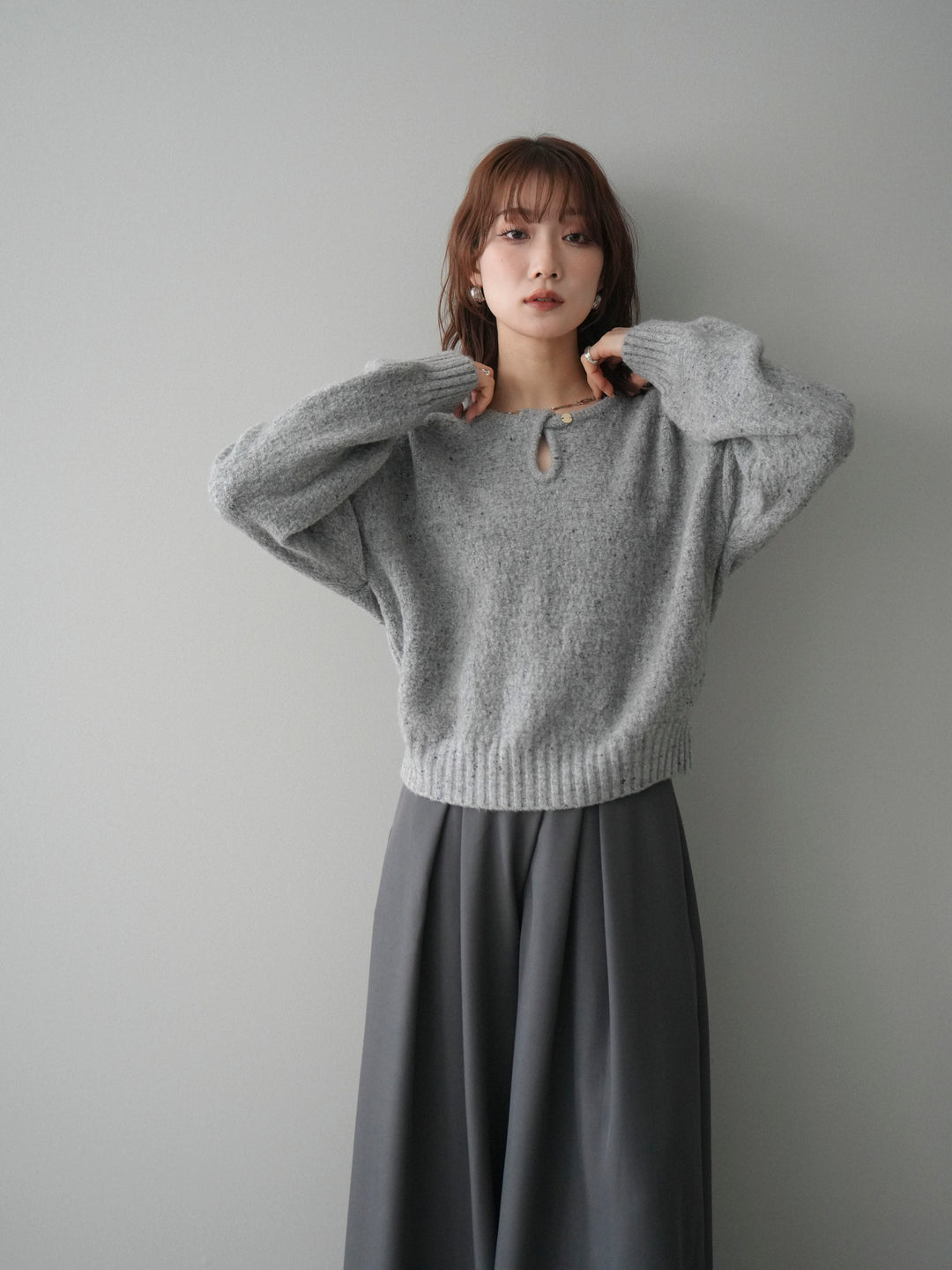 [予約]ツイストネックラメネップヤーンニットプルオーバー/gray