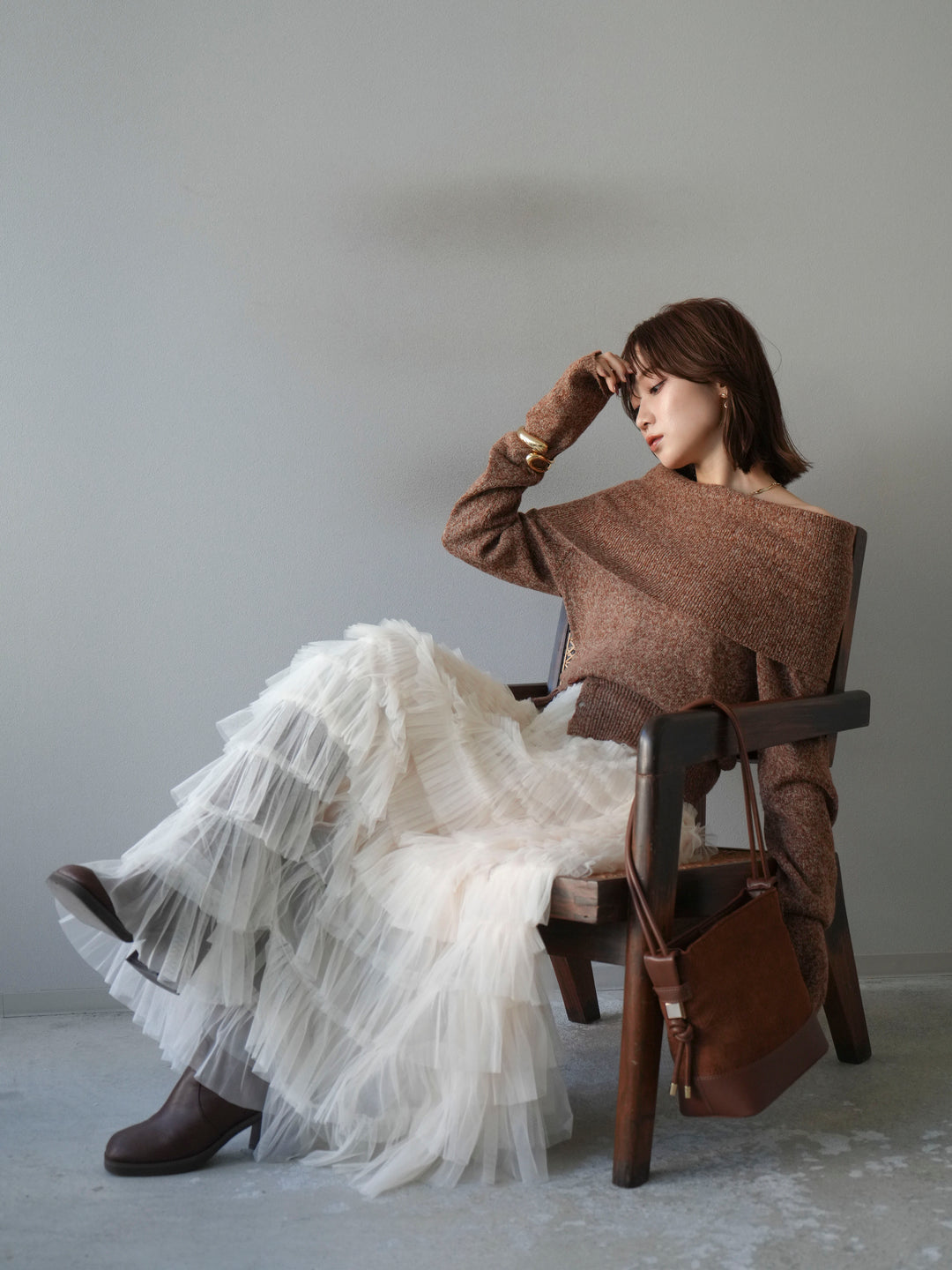 [予約]ミックスヤーンオフショルニットプルオーバー/オレンジ