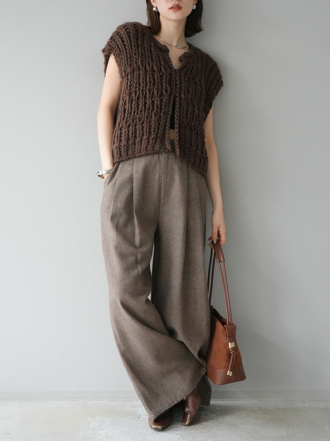 [SET] 手編繩結背心+粗花呢觸感褶皺寬褲（2件組）