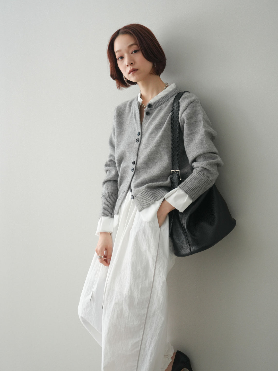 【預購】梭織布料對接針織開襟衫/淺灰色