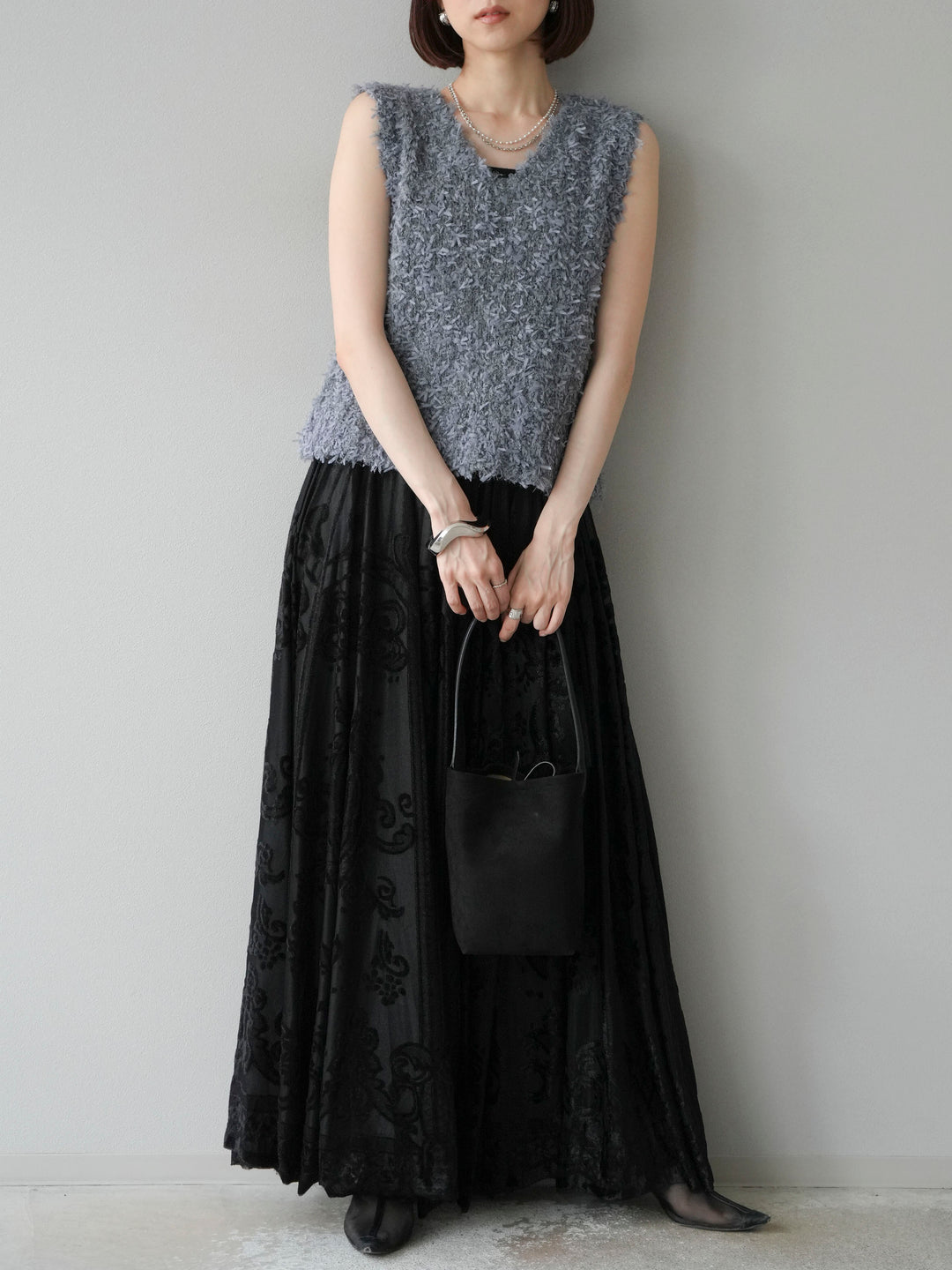[SET]テープヤーンフリンジニットベスト+アンティーク柄フロッキーマキシスカート(2set)