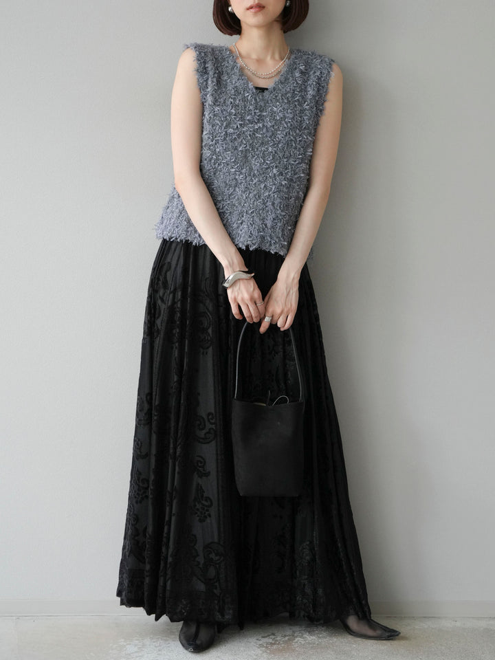 [SET]テープヤーンフリンジニットベスト+アンティーク柄フロッキーマキシスカート(2set)