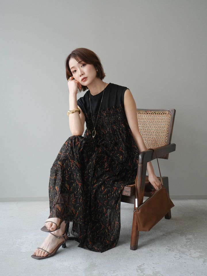 [予約]チュールプリントノースリーブトップス/black