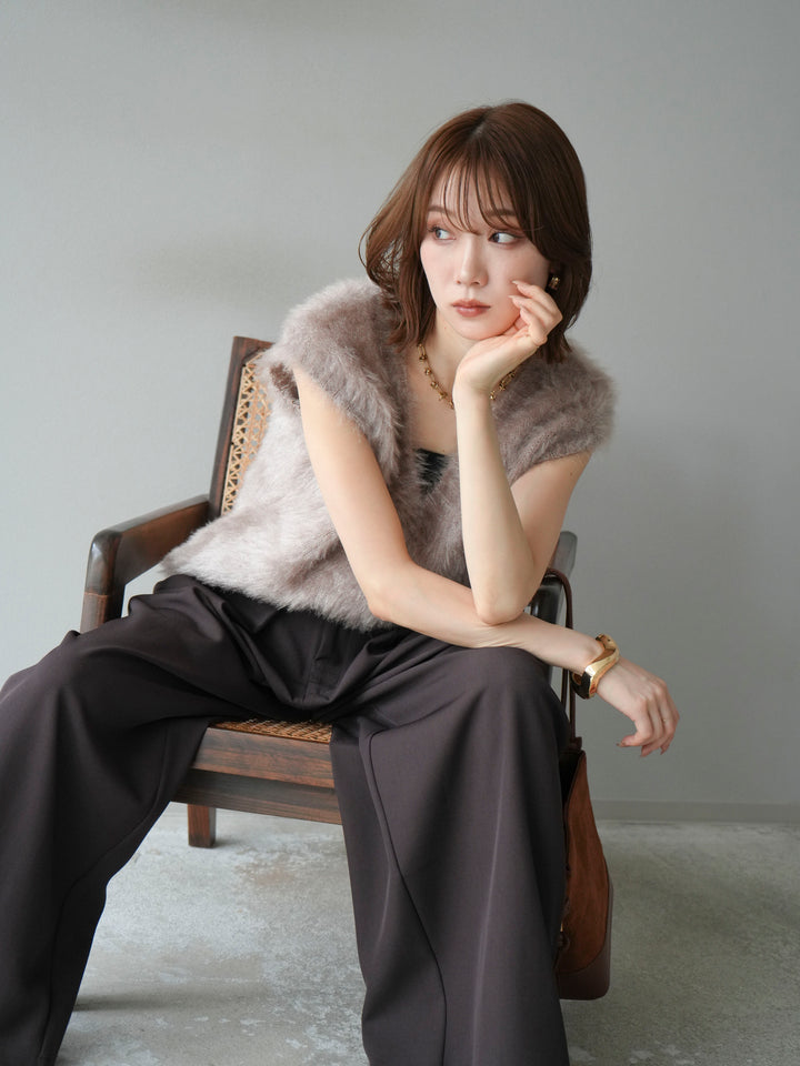 [SET]ラメシャギーVネックニットベスト+ベルトループデザインワイドパンツ(2set)