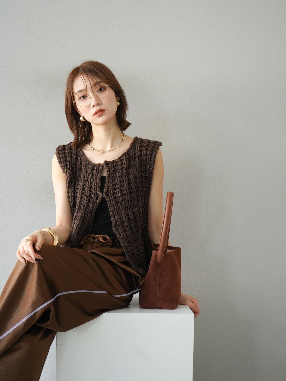 [予約]ミックスヤーンデザイン編みニットベスト/ブラウン