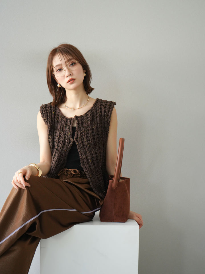 [予約]ミックスヤーンデザイン編みニットベスト/ブラウン