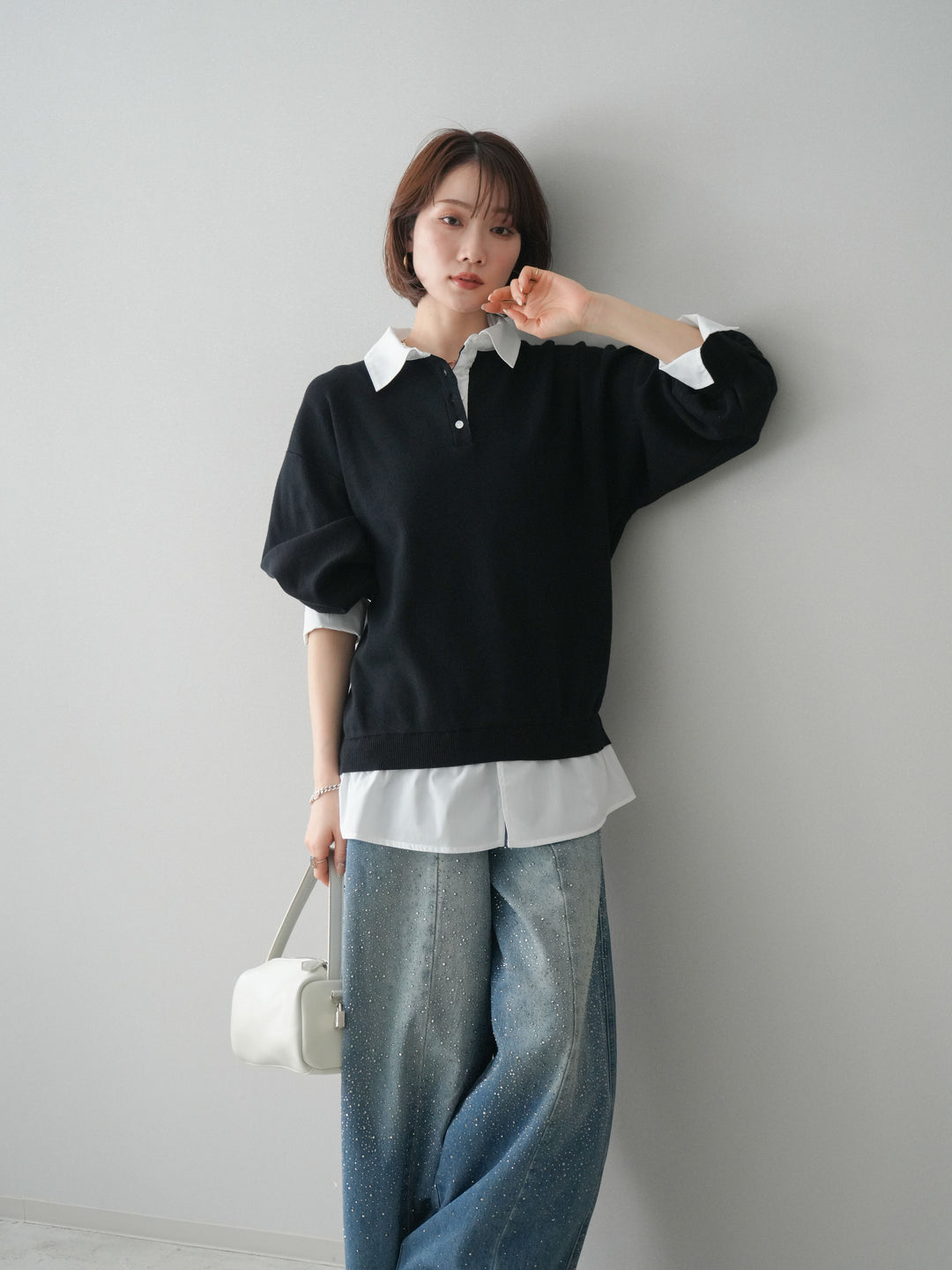 [予約]シャツドッキングオーバーニットプルオーバー/blackoff