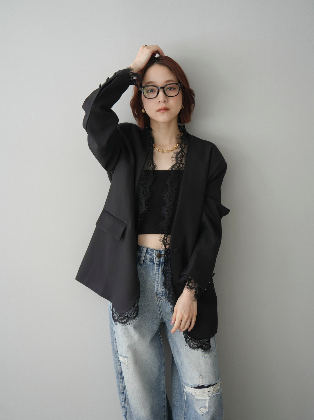 [SET]ノーカラーレースジャケット+ダメージデニムセミワイドパンツ(2set)