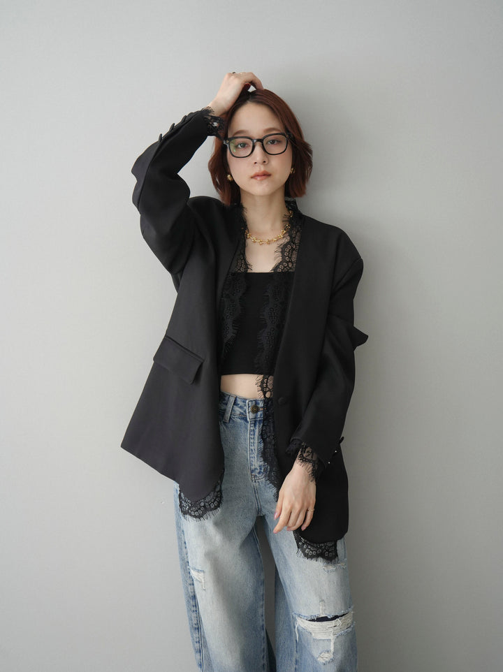 [SET]ノーカラーレースジャケット+ダメージデニムセミワイドパンツ(2set)