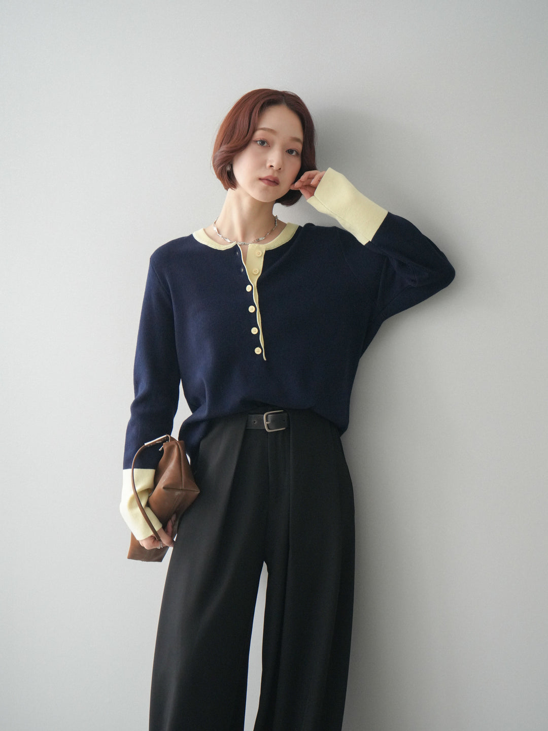 [SET]ヘンリーネック配色ニットソー+ベルトループデザインワイドパンツ(2set)
