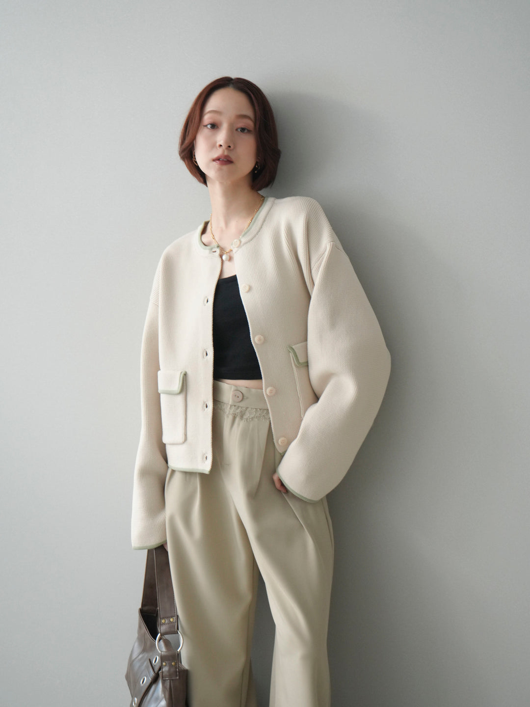 [SET]ポリエステル配色ニットカーディガン+ウエストレースタックワイドパンツ(2set)