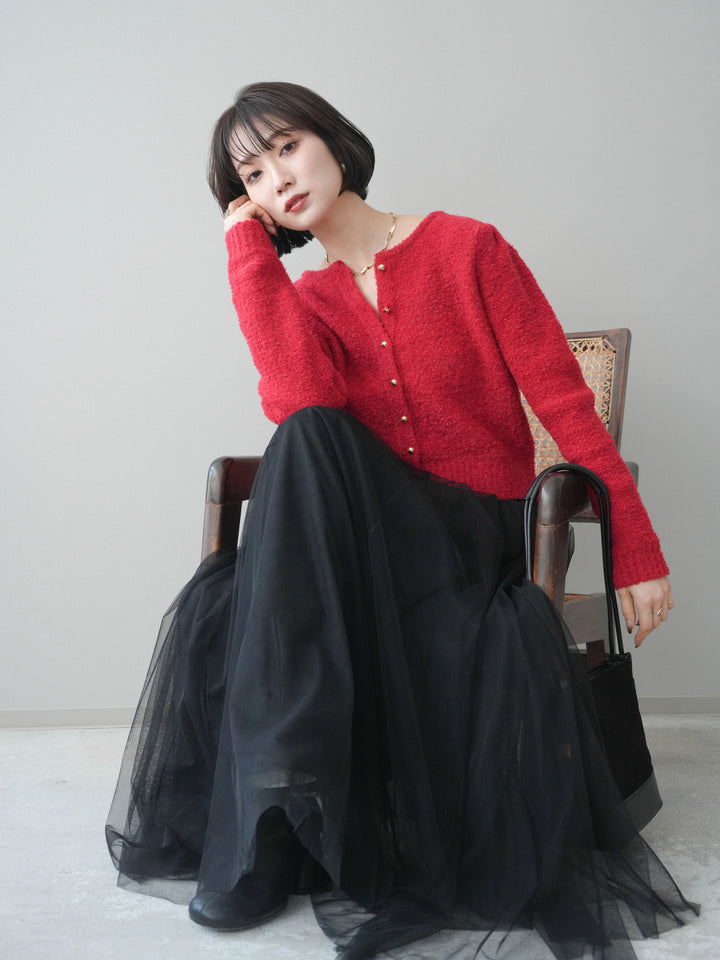 [SET]ゴールドボタンブークレニットカーディガン+チュールボリュームスカート(2set)
