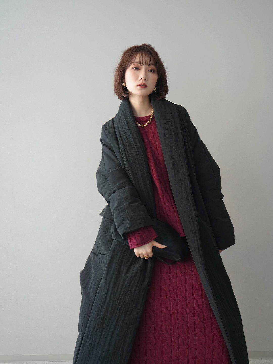 [SET]ストール付ケーブルニットプルオーバー&ロングスカートSET UP+ロングダウンコート(2set)