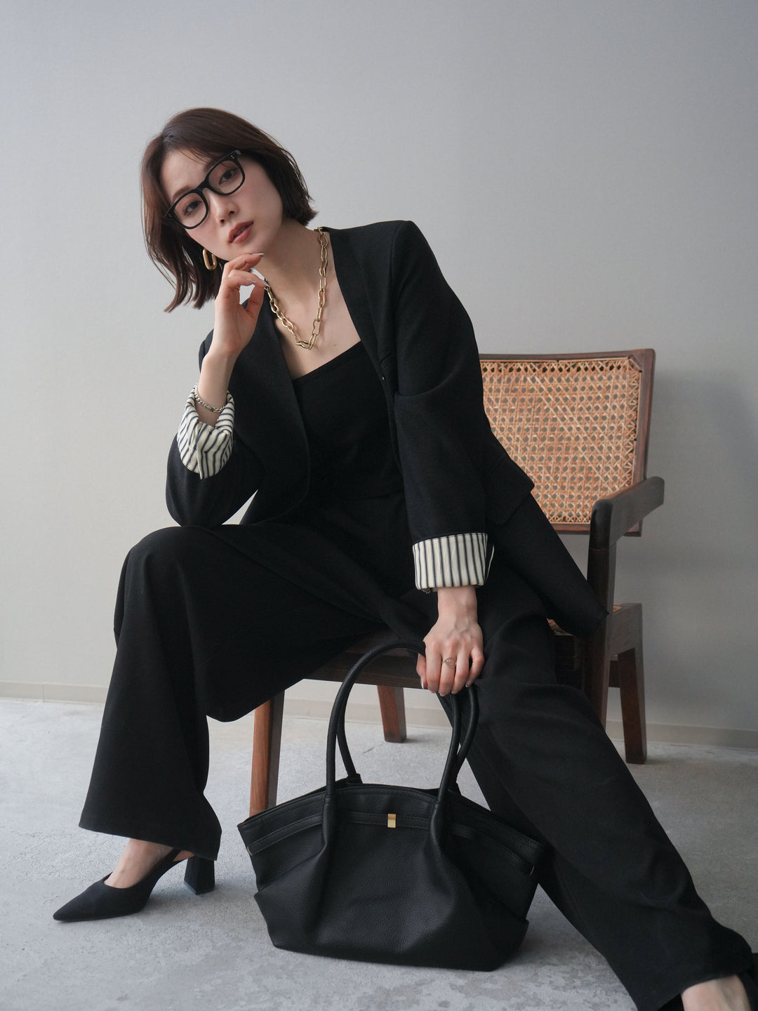 [SET]ノーカラージャケット+カップ付テレコリブベアキャミソール+サテンベルトタックワイドパンツ(3set)