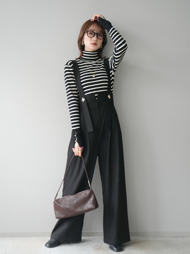 [SET]袖配色ハイネックボーダーリブニットトップス+ゴールドボタンサスペンダーワイドパンツ(2set)