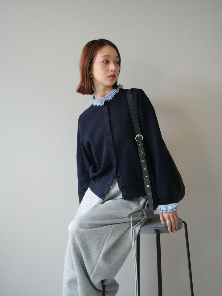 [予約]フリルデザインコンパクトニットカーディガン/ネイビー