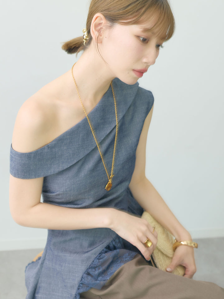 [SET]アシンメトリーラッフルレースヘムトップス+クレープデシンタックワイドパンツ(2set)